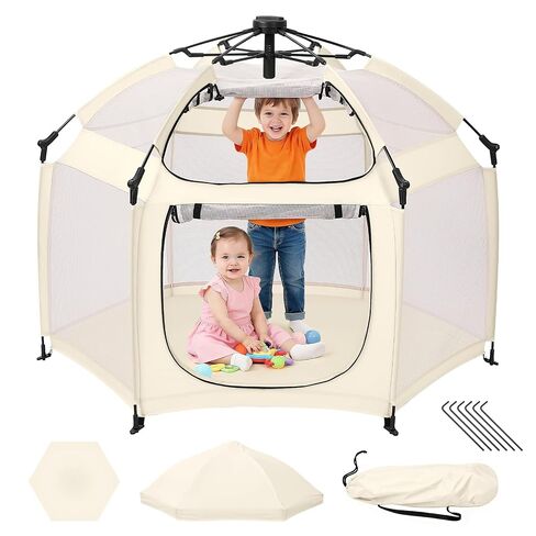 Dripex Pop Up Playpen w/t Built-in Pad & One-Click Safe Lock, Foldable Indoor/Outdoor Baby Playpen w/t Removable Canopy &Roll-Up Door & Top Mesh Window, Travel Pop and Go Beach Play Pen for Baby Grey in Saudi Arabia
