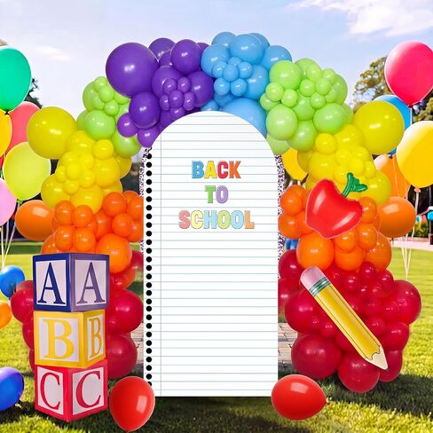 6ft School Theme Arch Backdrop Cover, Notebook Paper Style Round Top Stand Cover with ABC Alphabet Decorations, Inflatable Pencil Crayon Party Set for Classroom Graduation Birthday Decor-White in Saudi Arabia