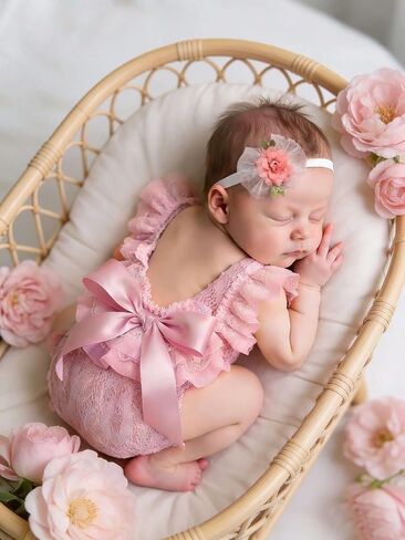 Newborn Photography Prop Outfits Girl Lace Romper Headband Baby Photo Photo | Newborn Photo Props,Newborn Picture Outfit, Newborn Outfits Girls Photo Props,New Born Photo Outfits,Baby Photoshoot Props in Kuwait
