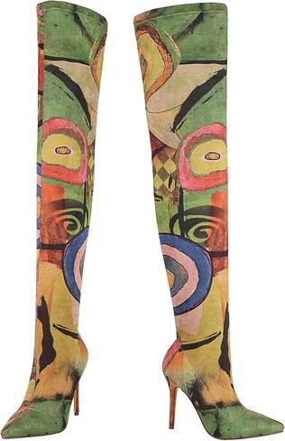 Women's Sexy Printed Stretchy Thigh High Boots Pointy Toe Stiletto Heel Booties Over The Knee High Heel Boot in Saudi Arabia
