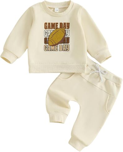 Toddler Football Outfit Crewneck Sweatshirt Pants Set Fall Clothes | Baby Boy Football Outfit, Game Day Football icons Print Toddler Crewneck Sweatshirt Pants 2Pcs, for Fall/ Winter Clothes in Kuwait