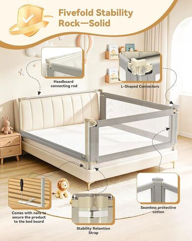 3-Piece Twin Size Bed Rail for Toddlers, Baby Bed Rail Guard with Height Adjustable, Headboard Rod, Bed Safety Rails for Twin Size Bed —(39" x 74.8" x 74.8") in Kuwait