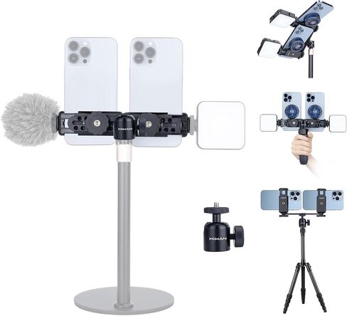 Metal Dual Phone Holder with Independently Adjustable Clamps, Cell Phone Tripod Mount Adapter with 360° Ball Head for Vlog/Live Streaming/Video Recording, Compatible with iPhone Samsung and More in Saudi Arabia