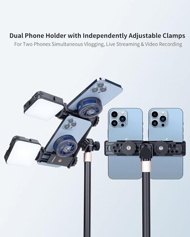 Metal Dual Phone Holder with Independently Adjustable Clamps, Cell Phone Tripod Mount Adapter with 360° Ball Head for Vlog/Live Streaming/Video Recording, Compatible with iPhone Samsung and More in Saudi Arabia