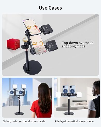 Metal Dual Phone Holder with Independently Adjustable Clamps, Cell Phone Tripod Mount Adapter with 360° Ball Head for Vlog/Live Streaming/Video Recording, Compatible with iPhone Samsung and More in Saudi Arabia