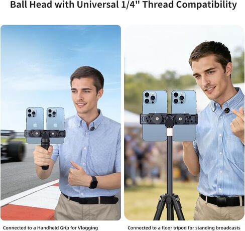 Metal Dual Phone Holder with Independently Adjustable Clamps, Cell Phone Tripod Mount Adapter with 360° Ball Head for Vlog/Live Streaming/Video Recording, Compatible with iPhone Samsung and More in Saudi Arabia