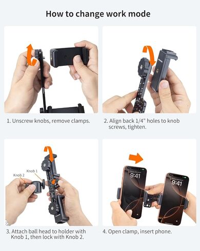 Metal Dual Phone Holder with Independently Adjustable Clamps, Cell Phone Tripod Mount Adapter with 360° Ball Head for Vlog/Live Streaming/Video Recording, Compatible with iPhone Samsung and More in Saudi Arabia