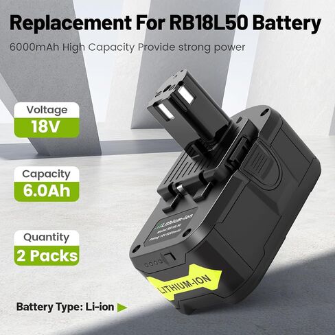 بطارية ليثيوم Labtec 18V 6.0Ah لـ Ryobi P108/P107/P104 aa مجموعة شاحن الكيمياء المزدوج، متوافقة مع أدوات Ryobi 18V (RB18L25، RB18L50) in Kuwait