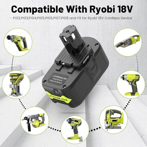 بطارية ليثيوم Labtec 18V 6.0Ah لـ Ryobi P108/P107/P104 aa مجموعة شاحن الكيمياء المزدوج، متوافقة مع أدوات Ryobi 18V (RB18L25، RB18L50) in Kuwait