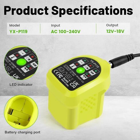 بطارية ليثيوم Labtec 18V 6.0Ah لـ Ryobi P108/P107/P104 aa مجموعة شاحن الكيمياء المزدوج، متوافقة مع أدوات Ryobi 18V (RB18L25، RB18L50) in Kuwait