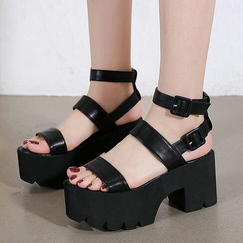 Agodor Women's Goth Platform Sandals Ankle Strap Chunky High Heels Open Toe Slingback Roman Gladiator Shoes (US 6, black style2) in Saudi Arabia