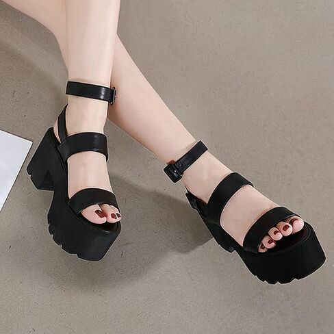 Agodor Women's Goth Platform Sandals Ankle Strap Chunky High Heels Open Toe Slingback Roman Gladiator Shoes (US 6, black style2) in Saudi Arabia