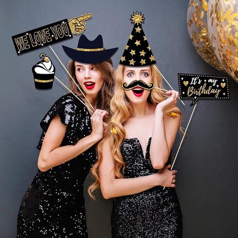 HARZHI Photo Booth Props Kit for Birthday Wedding Party Supplies Carnival Crazy Dance Decor Photobooth Funny Cute Holiday Selfie Supplies Masked Ball (36 Pcs Birthday) in Saudi Arabia