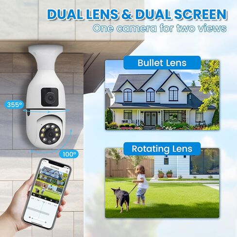 E27 Socket Security Camera, 2K/3MP Outdoor 2.4G Hz WiFi E27 Camera for Home Security, 24/7 Recording and Alarm (Dual Lens) (2) in Saudi Arabia
