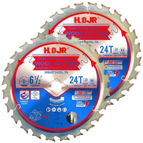 2-Pack 6-1/2" 24-Tooth Arbor 5/8" Woodworking Circular Saw Blade,Framing/General Purpose,Special Anti-Thermal Adhesion Coating on Cutting Edge-TA,High Finish, Long Life,6-1/2" 24T 5/8" in Kuwait