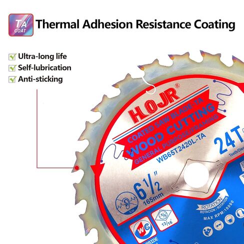 2-Pack 6-1/2" 24-Tooth Arbor 5/8" Woodworking Circular Saw Blade,Framing/General Purpose,Special Anti-Thermal Adhesion Coating on Cutting Edge-TA,High Finish, Long Life,6-1/2" 24T 5/8" in Kuwait