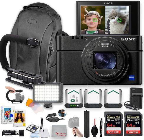 Sony Cyber-Shot DSC-RX100 VII Digital Camera, LED Video Light, 128GB Extreme Speed, U-Grip, Tripod, Case, Software, & More - Pro Bundle (24pc) in Kuwait