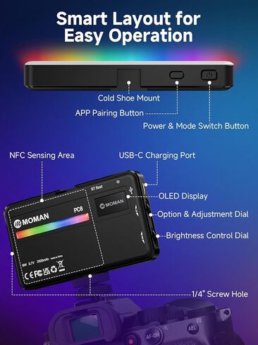 Moman LED Camera Light, RGB Video Lights for Photography, App Wireless Control, 2500-9000K, CRI 95+, Long Battery Life, Portable Lighting Panel with Cold Shoe, Fits for Sony/Canon Black in Saudi Arabia