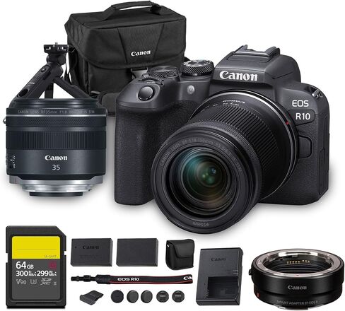 Canon EOS R10 Mirrorless Camera Kit | 24.2MP APS-C Sensor with RF-S 18-150mm Lens | 4K Video Dual Pixel AF Compact Travel Photography (5331C016) + Canon RF 35mm Lens + Tripod Grip + DM-E100 Mic + More in Kuwait