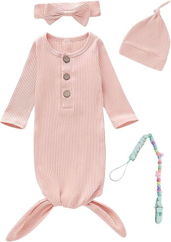 Newborn Cotton Nightgowns Neutral Baby Knotted Sleeper Baby Coming Home Outfit in Kuwait