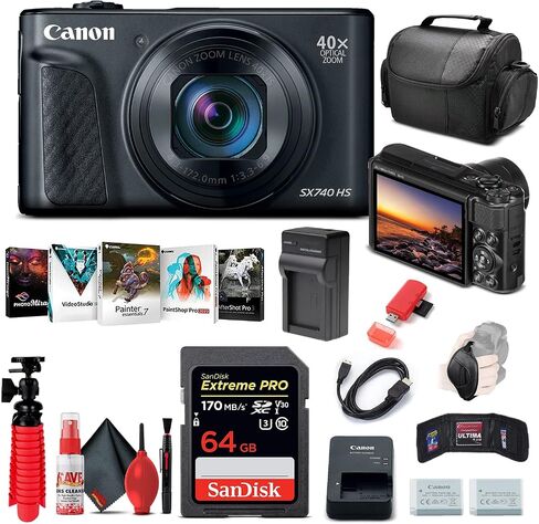 Canon PowerShot SX740 HS Digital Camera with Tripod (Black) Bundle | For Photography & Video + 64GB Memory Card + Card Reader + Charger + Camera Bag + Photo Software (2955C001) + More in Kuwait