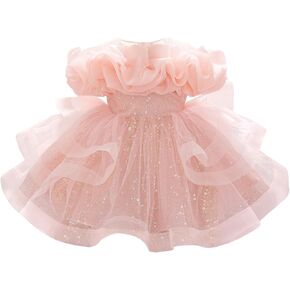 Lamgool Baby Girls Pageant Dress Sequin Tulle Toddler Formal Gown Off-the-Shoulder Ruffle Neck Puffy Birthday Princess Dress in Saudi Arabia