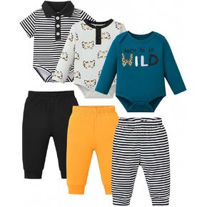 Jecson Baby Boy Clothes 6 Piece Stretch Bodysuit and Pants Outfit for 0-12M | Soft stretchy knit flexes with baby while three bodysuits and three pants mix and match for comfortable everyday wear at home in Saudi Arabia