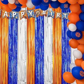 Dart War Party Photo Booth Props Backdrop Orange Blue Sliver Foil Fringe Curtains for Dart War Outer Space Birthday Party Decorations 3 Pack.9.9x19.8ft in Saudi Arabia