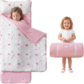 Toddler Nap Mats with Pillow and Blanket for Daycare Girls Boys Ages 3-6 | 50"x20" Tufted Daisies Flowers Toddler Nap Mat for Preschool,Daycare,Camping,Rollup Travel Slumber Bag for Kids Girls Boys in Kuwait