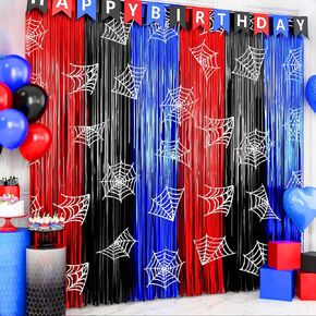 2 Pack Foil Curtain Backdrop, Spider Web Theme Tinsel Fringe Curtains Red Black Blue, Metallic Photo Booth Backdrop Streamers for Birthday Party Decorations Holiday Celebration Supplies in Kuwait