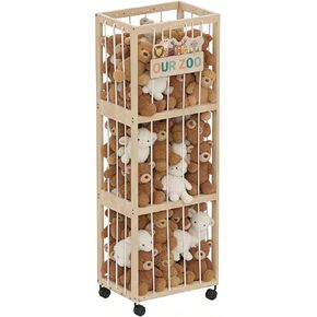 Stuffed Animal Zoo Storage with Wheels, Mobile Wooden Toy Organizer Cage with Elastic Band, Easy Assembly Large Capacity for Nursery Playroom Bedroom in Kuwait