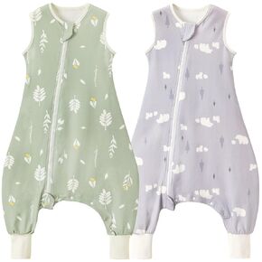 2 Pack Sleep Sack with Feet 0.5 TOG Cotton Foliage/Bear Size M | 100% Cotton soft toddler sleep sack with legs, side zipper & crotch snaps, cool summer comfort for 95-105cm, 2-4Y in Saudi Arabia