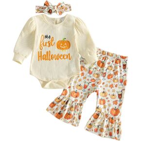 My First Halloween Baby Girl Outfit Pumpkin Romper Flare Pants Set | Long Sleeve,Cute Ghost/Pumpkin Embroidery,Newborn Bell Bottom Pants,Fall Newborn Girl Clothes,Great for Halloween Party in Kuwait