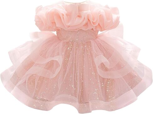 Lamgool Baby Girls Pageant Dress Sequin Tulle Toddler Formal Gown Off-the-Shoulder Ruffle Neck Puffy Birthday Princess Dress in Saudi Arabia