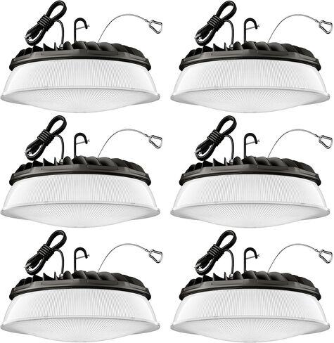 200W 6 Pack UFO LED High Bay Light with Reflector 28,000lm 5000K LED High Bay Lights AC110-277V 5' Cable with Plug Waterproof UFO Lights for Garage Shop Gym Factory in Kuwait