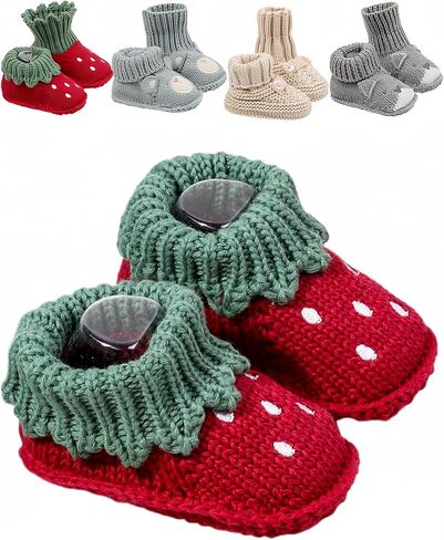 Baby Strawberry Knit Booties for Girls Boys, Soft Sole Newborn Infant Crib Shoes, Cozy Cotton Crochet Baby Sock Shoes, Lightweight Non-Slip First Walker Slippers for 6-12 Months in Kuwait