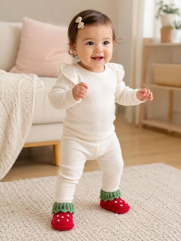 Baby Strawberry Knit Booties for Girls Boys, Soft Sole Newborn Infant Crib Shoes, Cozy Cotton Crochet Baby Sock Shoes, Lightweight Non-Slip First Walker Slippers for 6-12 Months in Kuwait