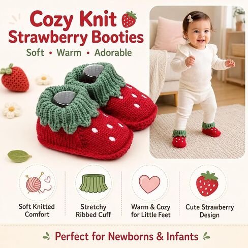 Baby Strawberry Knit Booties for Girls Boys, Soft Sole Newborn Infant Crib Shoes, Cozy Cotton Crochet Baby Sock Shoes, Lightweight Non-Slip First Walker Slippers for 6-12 Months in Kuwait