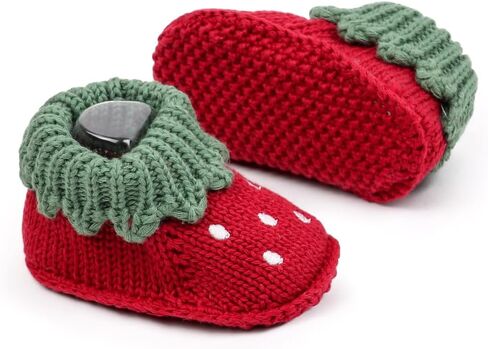 Baby Strawberry Knit Booties for Girls Boys, Soft Sole Newborn Infant Crib Shoes, Cozy Cotton Crochet Baby Sock Shoes, Lightweight Non-Slip First Walker Slippers for 6-12 Months in Kuwait