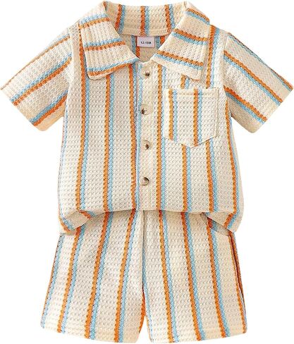 FOCUTEBB Baby Boy Clothes Toddler Summer Outfits Short Sleeve Striped Button-down T-Shirt Shorts with Pocket 12 Months-5T in Kuwait
