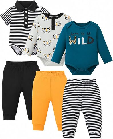 Jecson Baby Boy Clothes 6 Piece Stretch Bodysuit and Pants Outfit for 0-12M | Soft stretchy knit flexes with baby while three bodysuits and three pants mix and match for comfortable everyday wear at home in Saudi Arabia