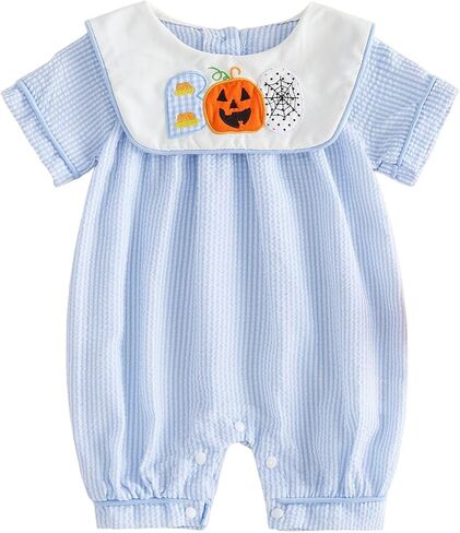 Amnnchya Baby Boy Girl Halloween Romper Outfit Pumpkin Short Sleeve Striped Jumpsuit Infant Newborn Boys Girls Fall Clothes in Saudi Arabia