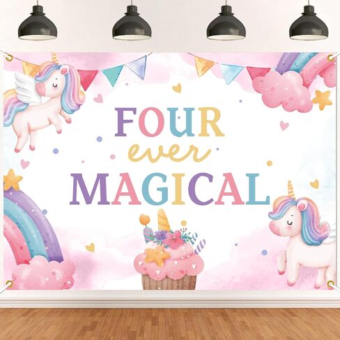 Four Ever Magical Backdrop - Cheers to 4 Years, Sweet Little Girl Rainbow Star Theme 4th Birthday Decor, Magic Unicorn 4th Birthday Party Decorations 7x5ft in Kuwait