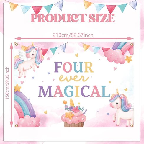 Four Ever Magical Backdrop - Cheers to 4 Years, Sweet Little Girl Rainbow Star Theme 4th Birthday Decor, Magic Unicorn 4th Birthday Party Decorations 7x5ft in Kuwait