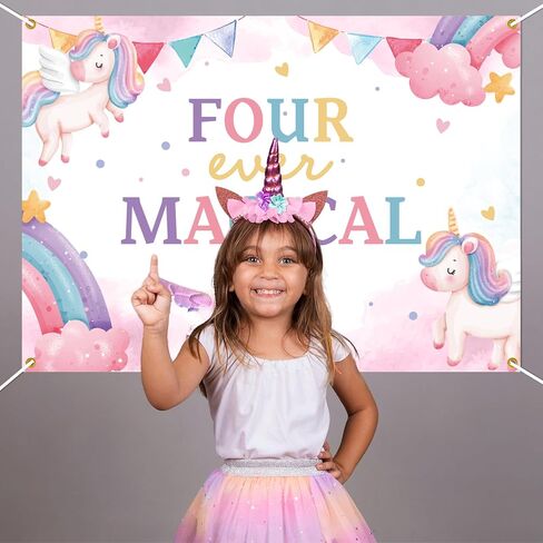 Four Ever Magical Backdrop - Cheers to 4 Years, Sweet Little Girl Rainbow Star Theme 4th Birthday Decor, Magic Unicorn 4th Birthday Party Decorations 7x5ft in Kuwait