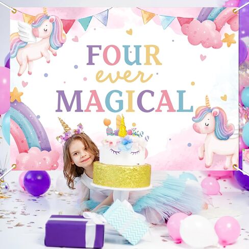 Four Ever Magical Backdrop - Cheers to 4 Years, Sweet Little Girl Rainbow Star Theme 4th Birthday Decor, Magic Unicorn 4th Birthday Party Decorations 7x5ft in Kuwait