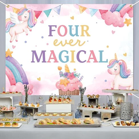 Four Ever Magical Backdrop - Cheers to 4 Years, Sweet Little Girl Rainbow Star Theme 4th Birthday Decor, Magic Unicorn 4th Birthday Party Decorations 7x5ft in Kuwait