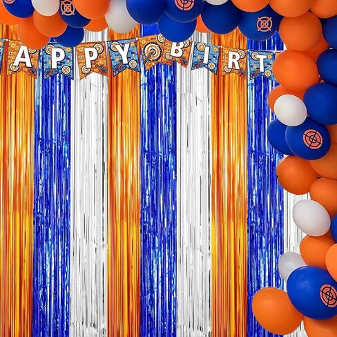 Dart War Party Photo Booth Props Backdrop Orange Blue Sliver Foil Fringe Curtains for Dart War Outer Space Birthday Party Decorations 3 Pack.9.9x19.8ft in Saudi Arabia