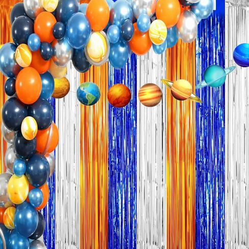 Dart War Party Photo Booth Props Backdrop Orange Blue Sliver Foil Fringe Curtains for Dart War Outer Space Birthday Party Decorations 3 Pack.9.9x19.8ft in Saudi Arabia