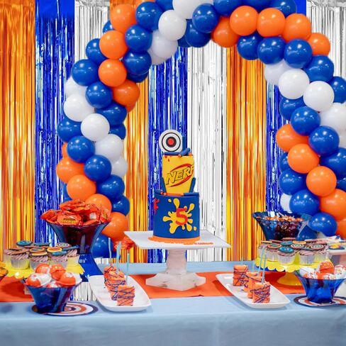 Dart War Party Photo Booth Props Backdrop Orange Blue Sliver Foil Fringe Curtains for Dart War Outer Space Birthday Party Decorations 3 Pack.9.9x19.8ft in Saudi Arabia